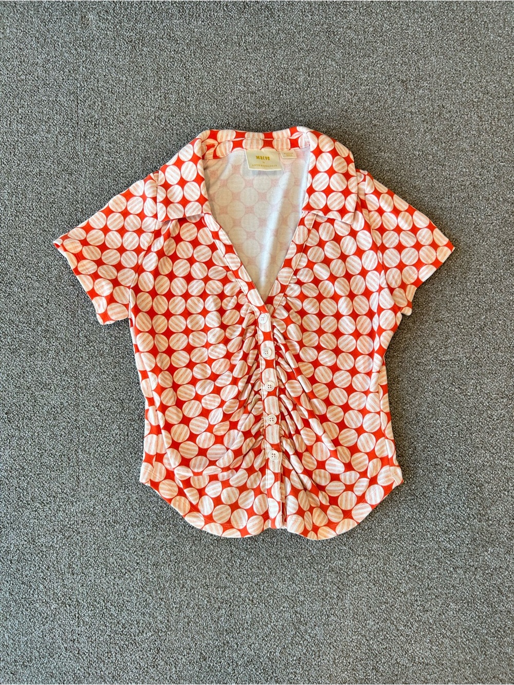 Anthropologie Orange and White Knot-Front Short Sleeve Blouse
